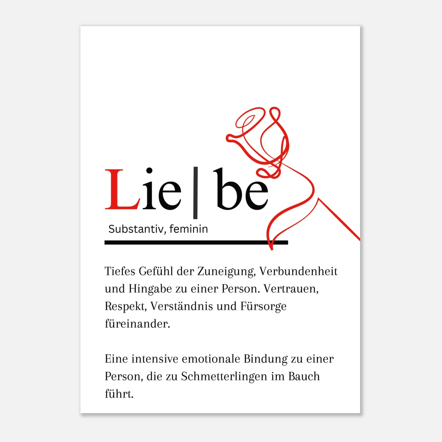 Schlichtes, elegantes Wandbild mit dem Wort ‚Liebe‘, einer emotionalen Definition und einer zarten Rosenzeichnung