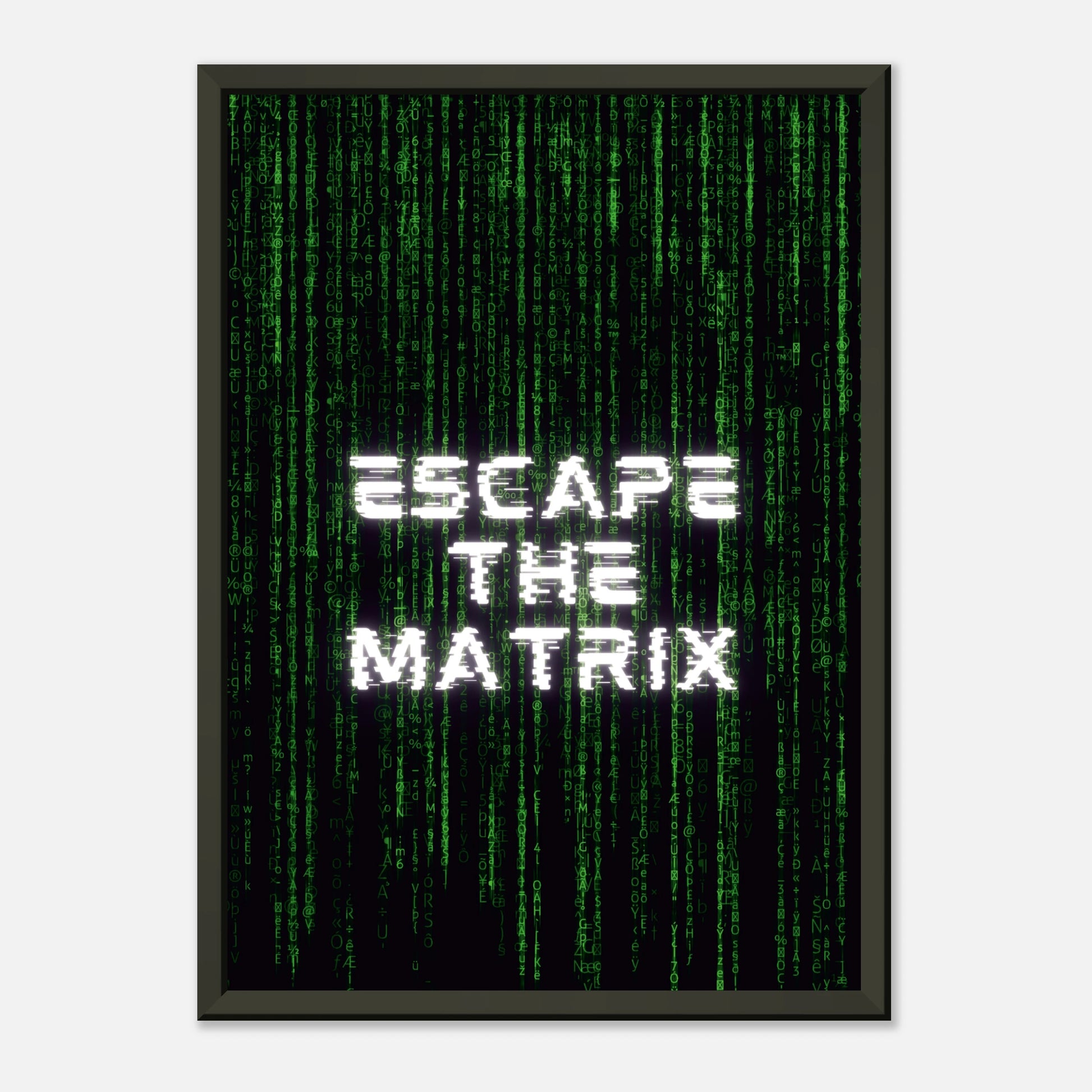 Escape the Matrix Poster mit grünen Zahlen im Glitch-Stil – Motivationskunst für Selbstbestimmung