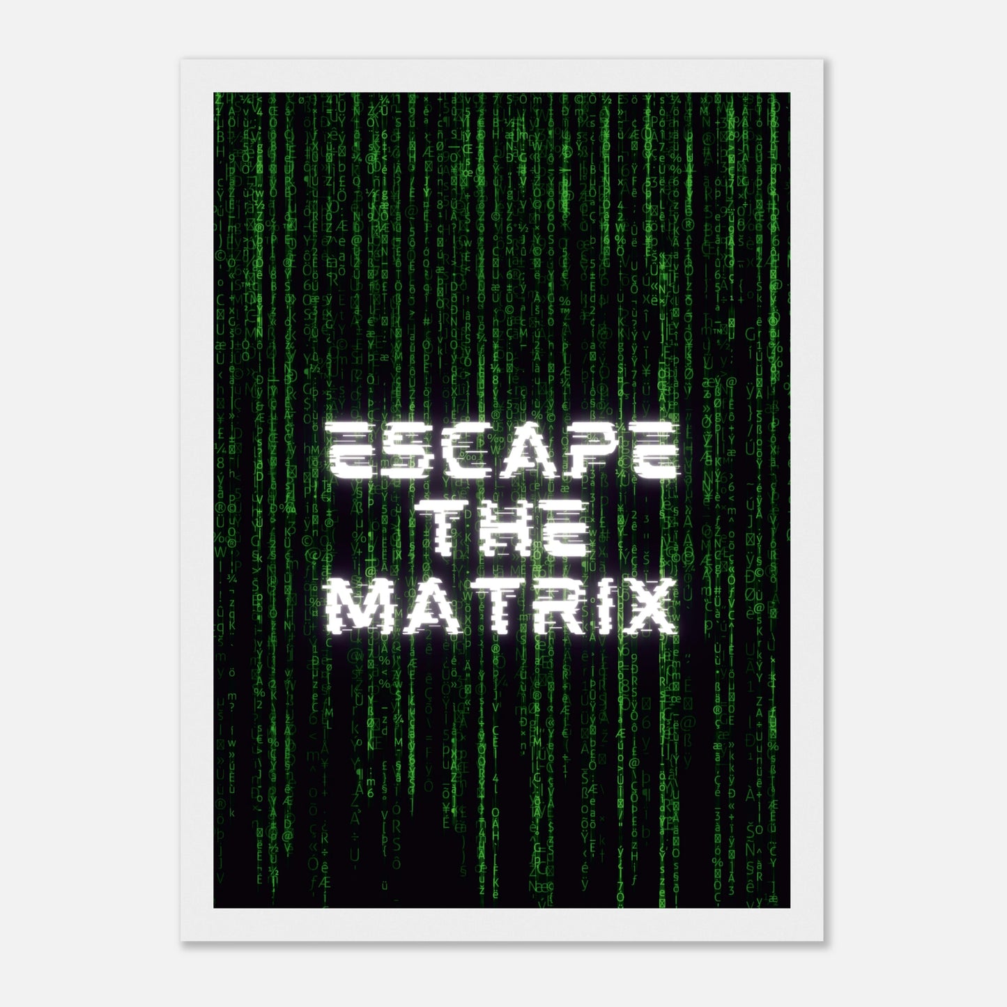 Escape the Matrix Wandbild mit grünem Matrix-Code und Glitch-Design – Perfekt für ein modernes Büro oder Wohnzimmer