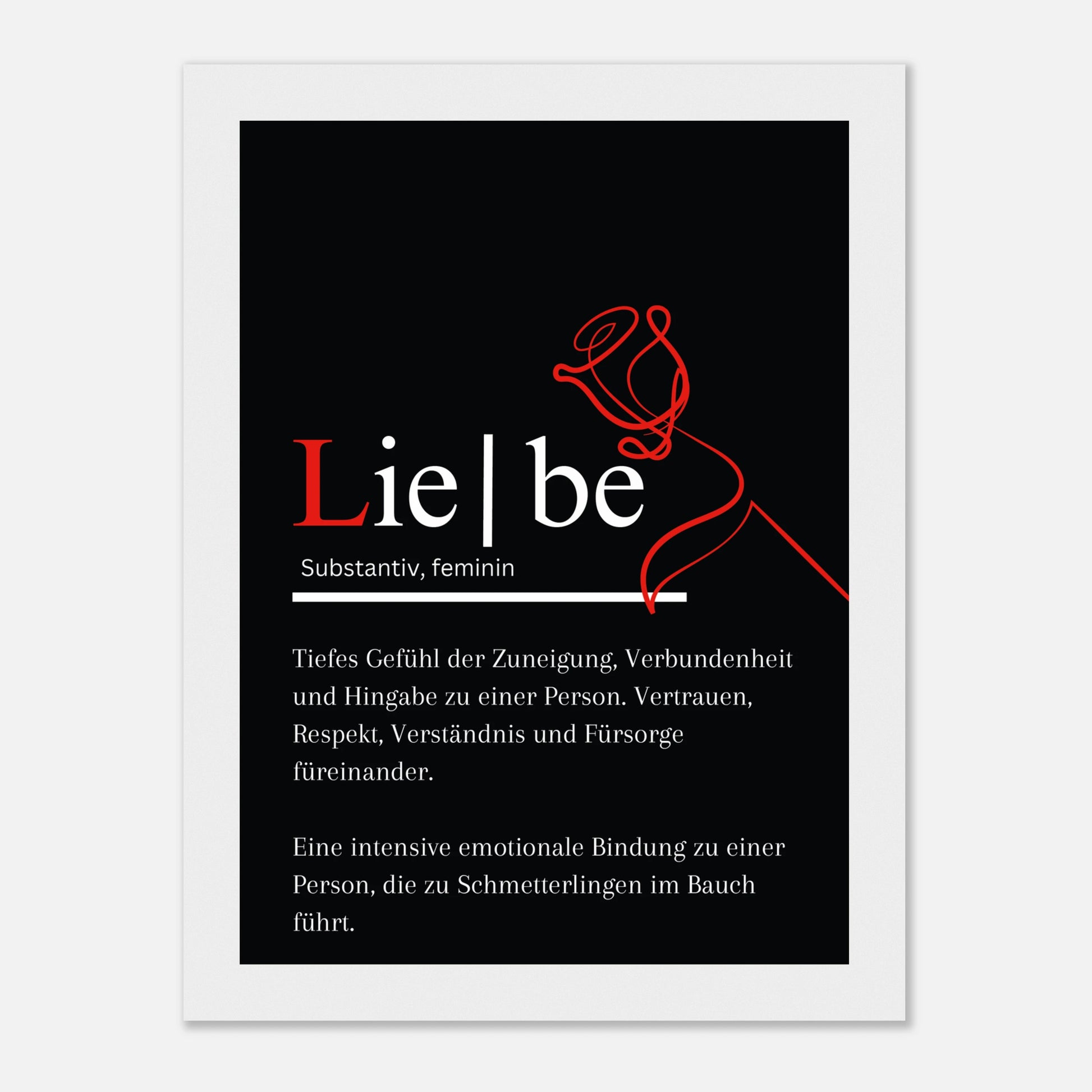 Minimalistisches Poster mit der Definition von Liebe, verziert mit einer gezeichneten roten Rose