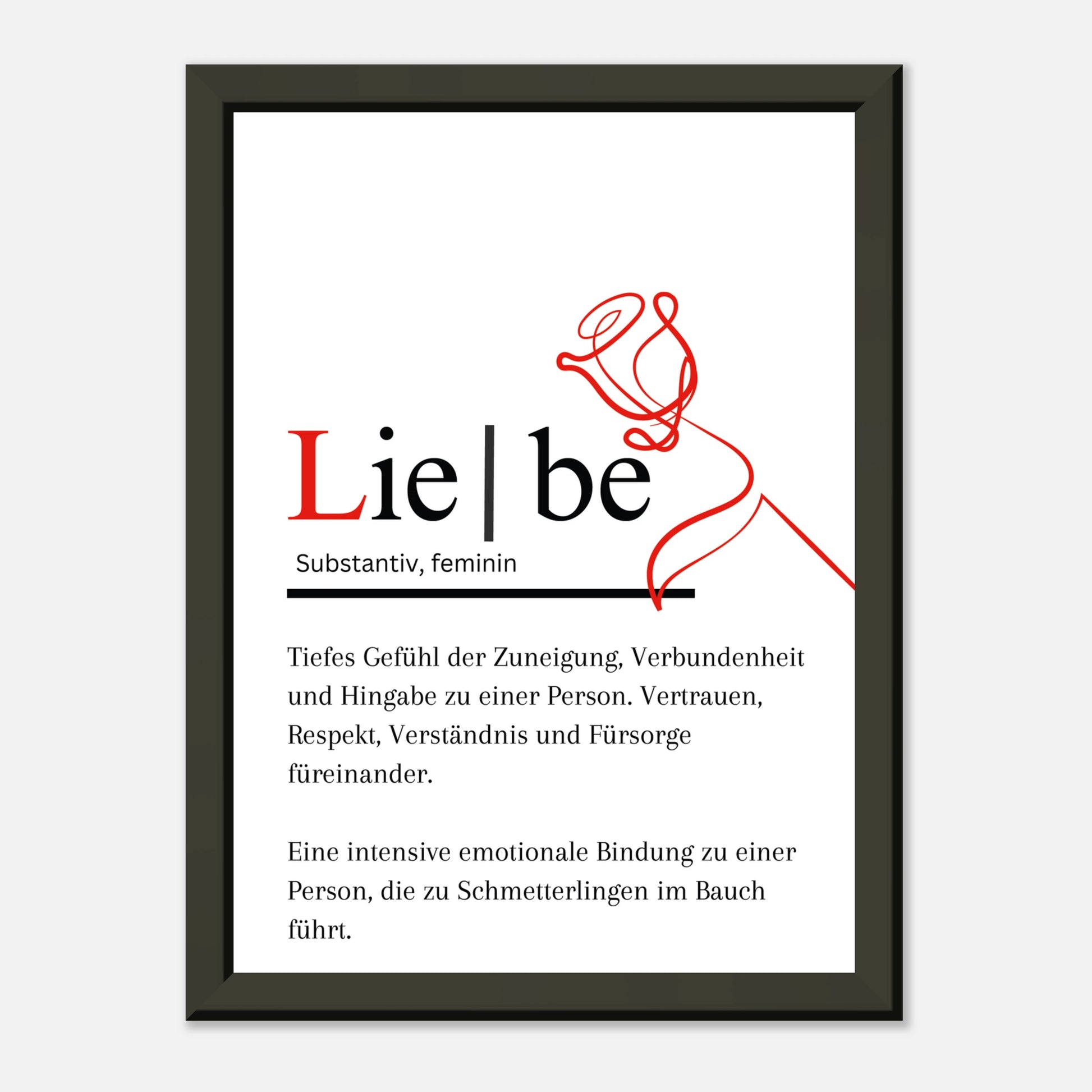 Schwarz-weißes Poster mit dem Begriff ‚Liebe‘, ergänzt durch eine poetische Definition und eine rote Rose.